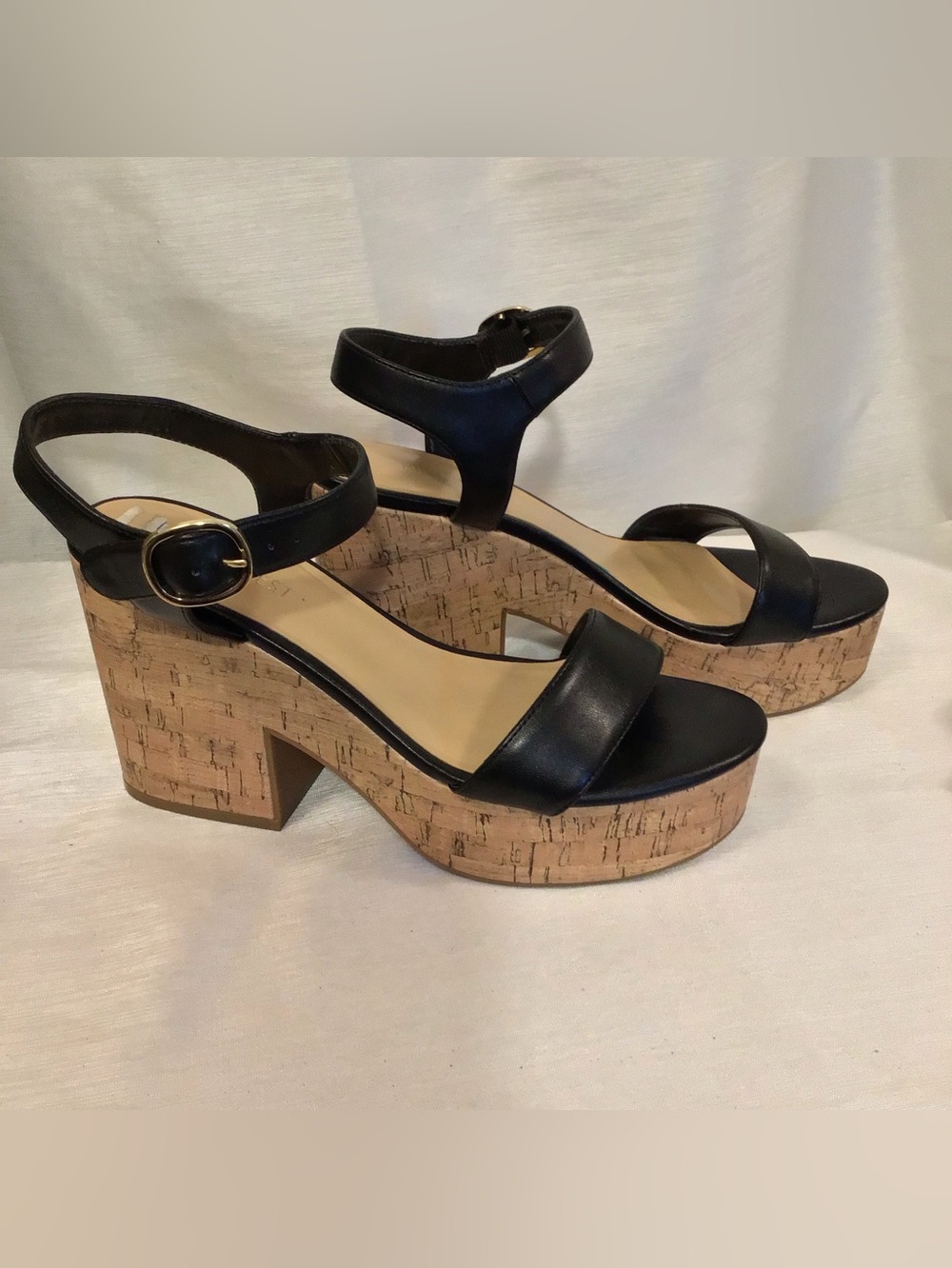 Nine West Black Leather Platform Sandals with Cork Block Heel